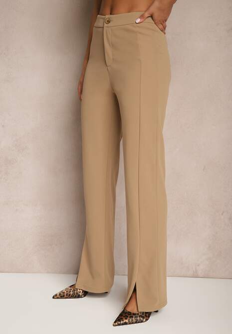 Ciemnobeżowe Spodnie z Wiskozą High Waist w Eleganckim Stylu Tatariela