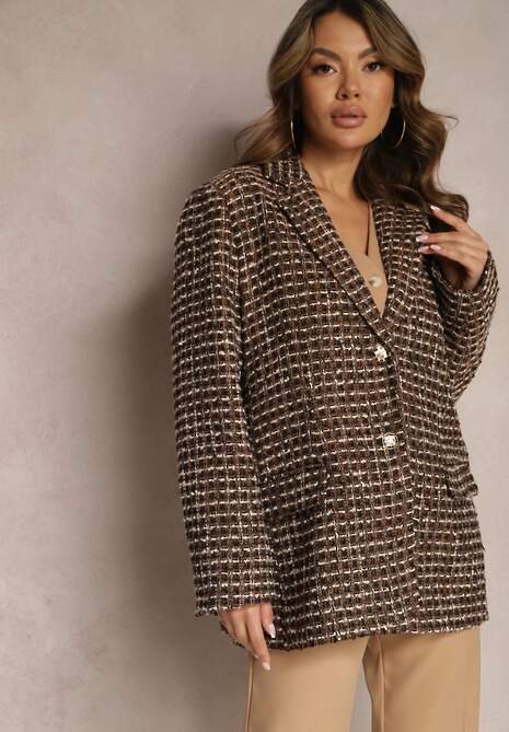 Czarno-Brązowa Tweedowa Marynarka Jednorzędowa z Ozdobnymi Guzikami Arielitta