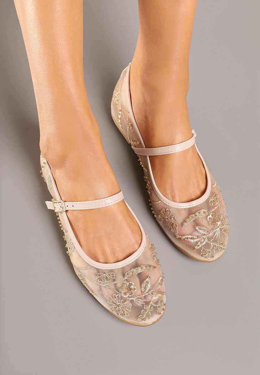 Beżowe Balerinki Siateczkowe z Haftami i Sprzączką Diviaria