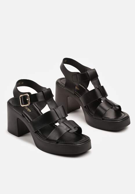 Czarne Sandały na Słupku i Platformie Ozdobione Trzema Paskami Talzivia