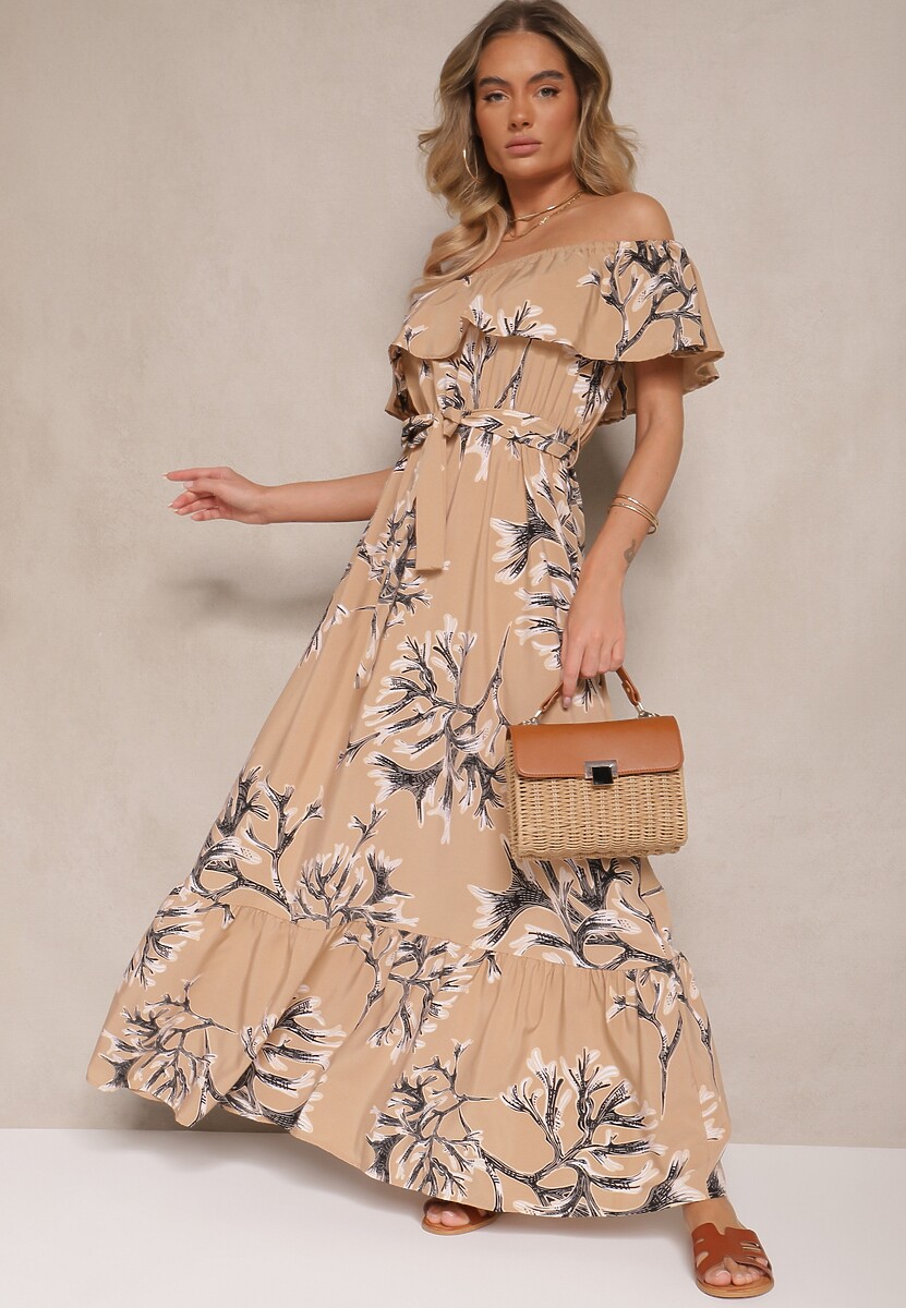 Ciemnobeżowa Rozkloszowana Sukienka Hiszpanka z Wiązaniem w Talii Sesalira