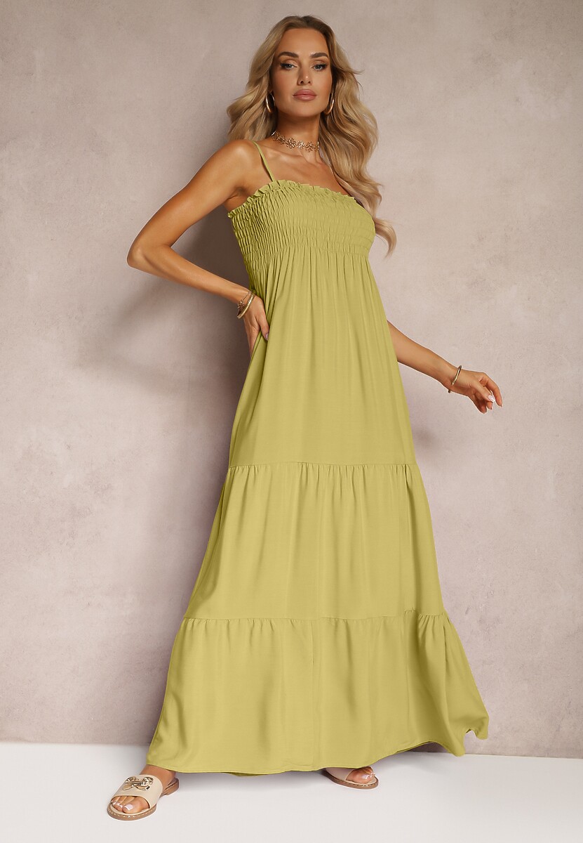 Jasnozielona Rozkloszowana Sukienka na Ramiączkach z Gumką w Talii i Marszczoną Górą Tiamora