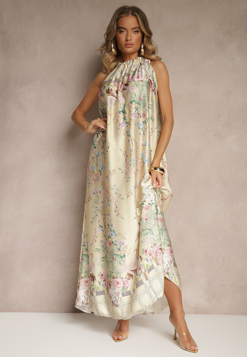 Biała Sukienka z Satyny Zdobiona Kwiatowym Wzorem i Wiązaniem Fenalesa