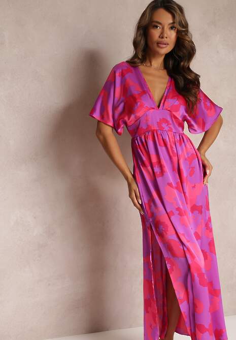 Fuksjowa Rozkloszowana Sukienka Maxi z Wycięciami Aleri