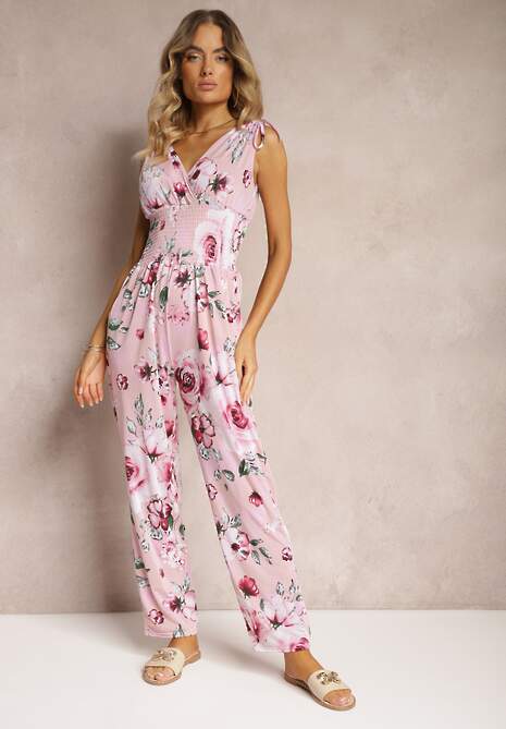 Różowy Kwiatowy Kombinezon Ozdobiony Troczkami przy Ramionach Kalivia