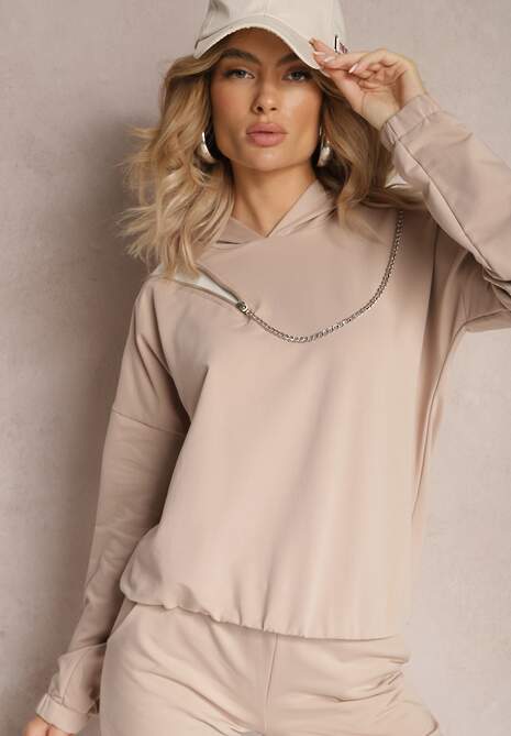 Beżowa Asymetryczna Bluza z Bawełny z Kapturem i Ozdobnym Suwakiem Lueur
