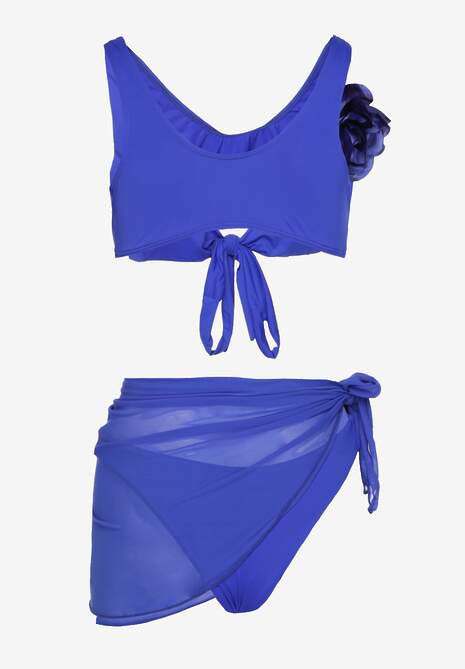 Niebieskie Bikini Majtki Figi Biustonosz z Broszką Kwiatu 3D i Siateczkowe Pareo Folissa