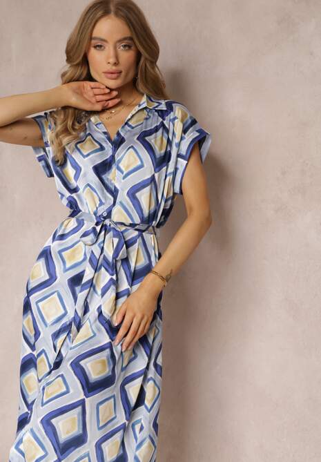 Niebieska Wzorzysta Sukienka Midi w Koszulowym Stylu z Materiałowym Paskiem Emelitta