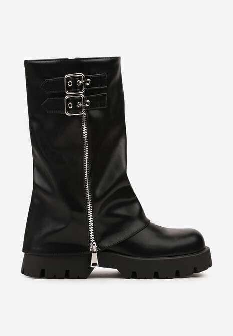 Czarne Botki Biker na Platformie z Wywiniętą Cholewką z Suwakiem i Klamerkami Selade