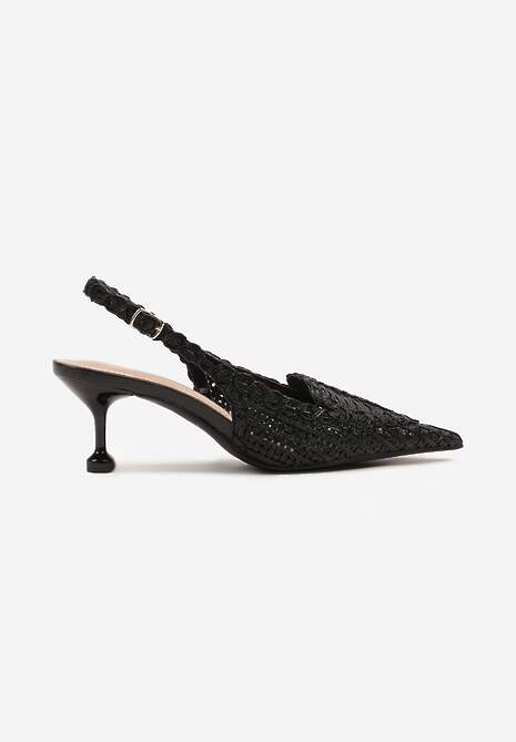 Czarne Sandały na Szpilce z Geometrycznym Zdobieniem Typu Slingback Nevonira
