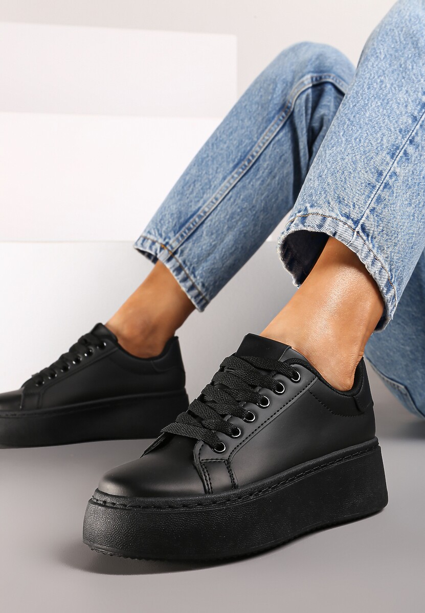 Czarne Basicowe Sneakersy na Platformie Tiaeliana