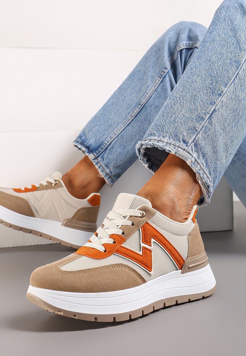 Brązowo-Pomarańczowe Sznurowane Sneakersy na Płaskiej Podeszwie z Metaliczną Wstawką i Brokatem Setraffia