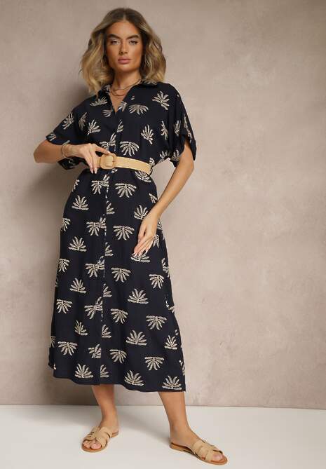 Granatowa Wiskozowa Sukienka o Koszulowym Kroju z Haftem i Paskiem z Klamrą Lioessa