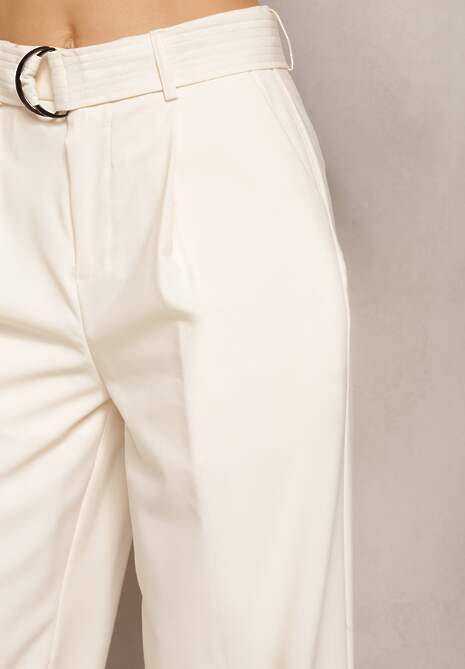 Jasnobeżowe Spodnie Szerokie High Waist Zapinane na Klamrę z Materiałowym Paskiem Etela