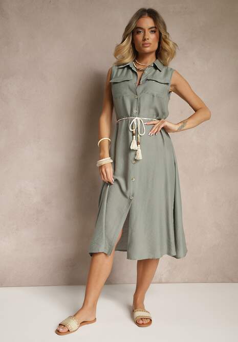 Zielona Sukienka z Wiskozy o Koszulowym Kroju z Ozdobnym Sznurkiem z Frędzlami Lavbia