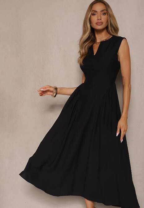 Czarna Rozkloszowana Sukienka z Wiskozy Lirune