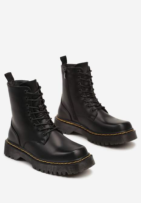 Czarne Sznurowane Ocieplone Botki na Platformie w Stylu Workerów Crecca
