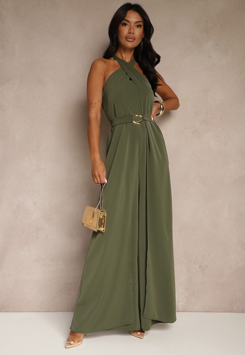 Zielony Kombinezon Koktajlowy Ozdobiony Paskiem z Metaliczną Klamrą Zermira