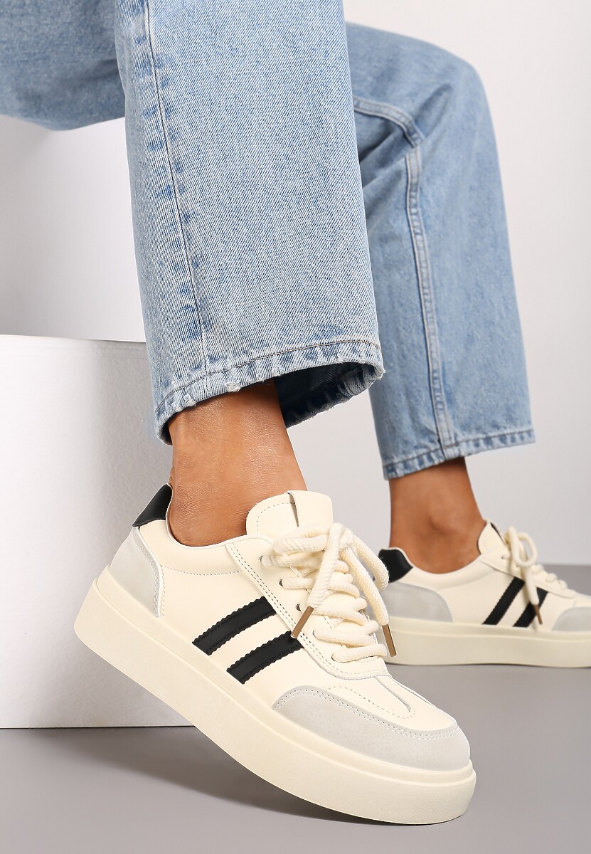 Beżowo-Czarne Sznurowane Sneakersy na Platformie Ozdobione Paskami Tialise