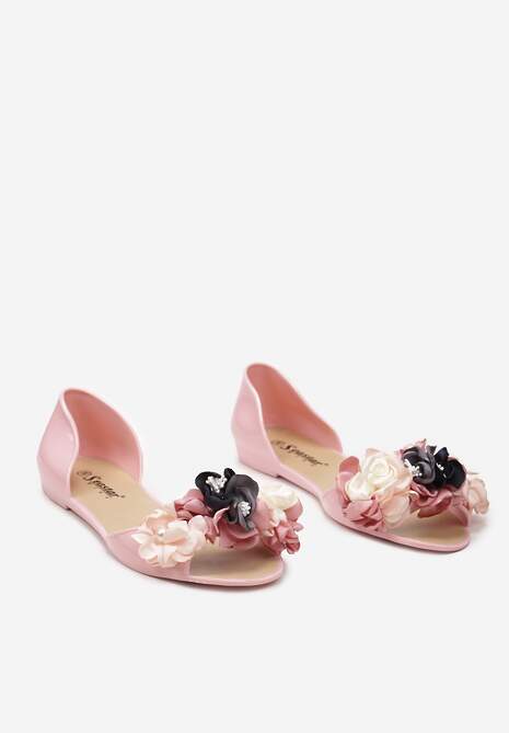Różowe Otwarte Balerinki z Aplikacją z Kwiatami Anlofi