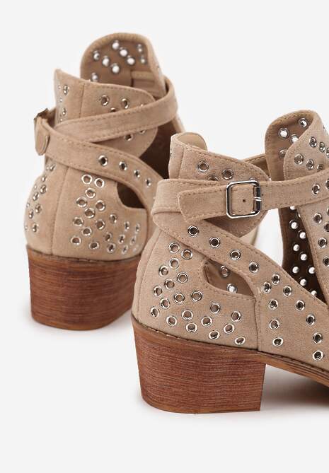 Beżowe Botki Vices na Słupku w Stylu Kowbojek z Metalicznymi Aplikacjami i Wycięciami Virori