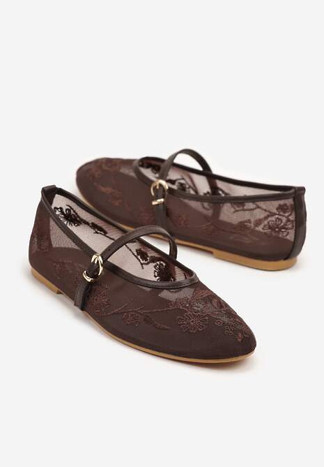 Brązowe Koronkowe Balerinki w Stylu Mary Jane z Haftowanej Siateczki Tilaverra