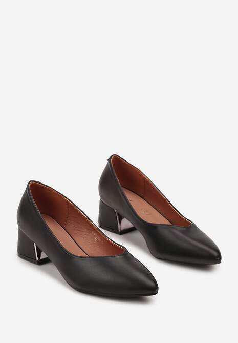 Czarne Czółenka Vices na Słupku z Wkładką ze Skóry Naturalnej z Metaliczną Ozdobą Mixin