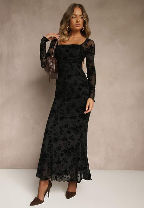 Czarna Sukienka VICES Bodycon z Siateczki Ozdobionej Wzorem w Kwiaty Rivita