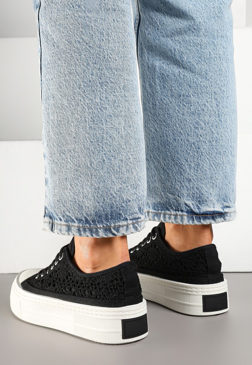 Czarne Trampki na Platformie Ozdobione Plecionką Ronliera