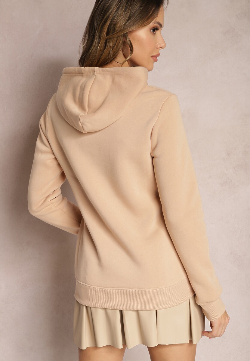 Beżowa Bluza Kangurka Ocieplona Polarem z Ozdobnym Nadrukiem Elili