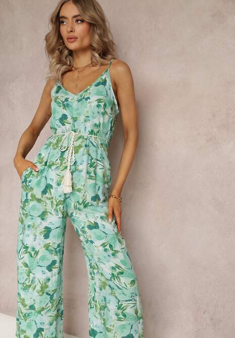 Zielono-Niebieski Długi Kombinezon z Wiskozy na Ramiączkach Gwenia