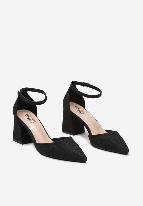 Czarne Czółenka Brokatowe z Zapięciem wokół Kostki na Słupku Reicha