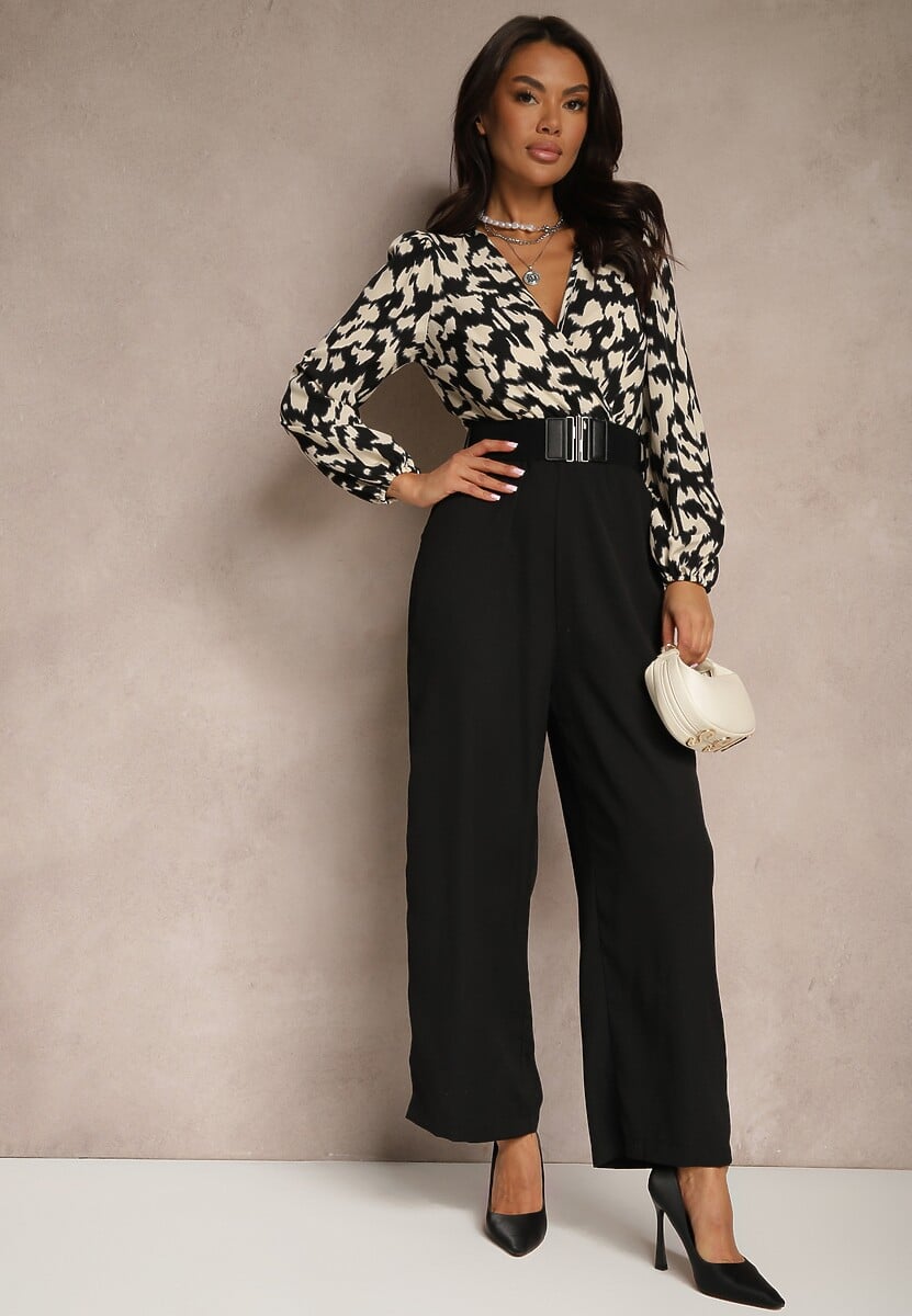 Czarno-Beżowy Kombinezon z Długimi Nogawkami i Kopertowym Dekoltem oraz Paskiem z Gumy Koretta