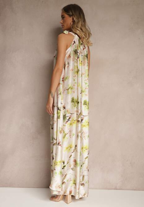 Zielona Sukienka z Satyny w Kwiatowy Wzór Fenimea