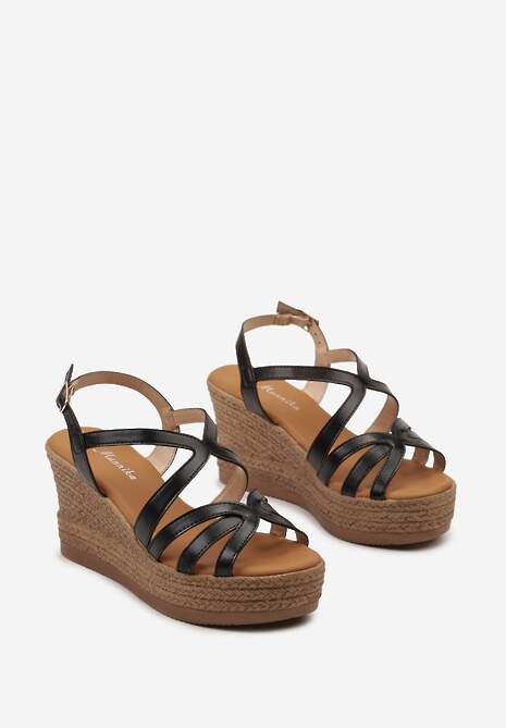 Czarne Sandały na Koturnie z Platformą i Plecionką Ablave