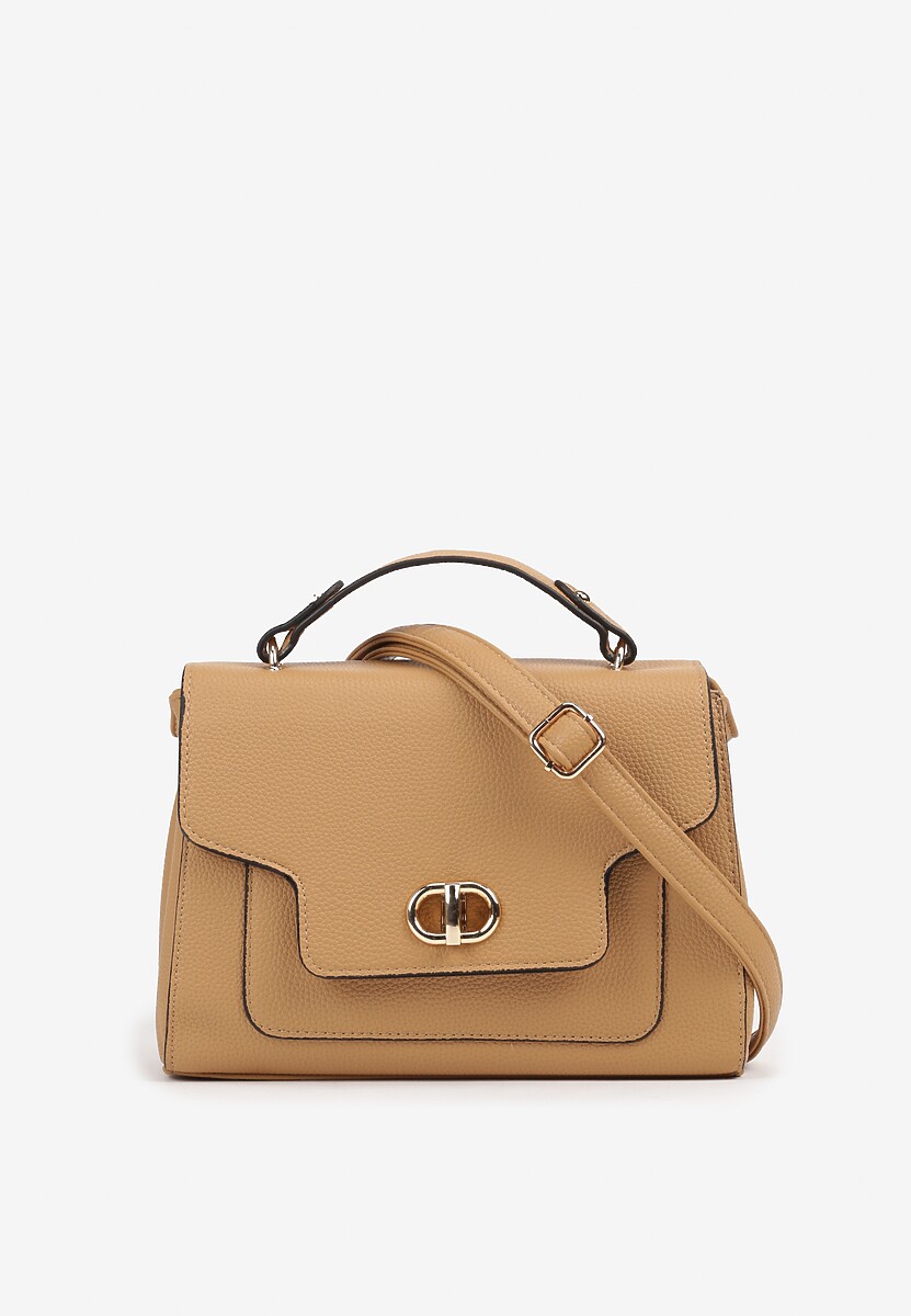 Ciemnobeżowa Torebka Typu Listonoszka z Rączką i Ozdobną Klapą Monevia