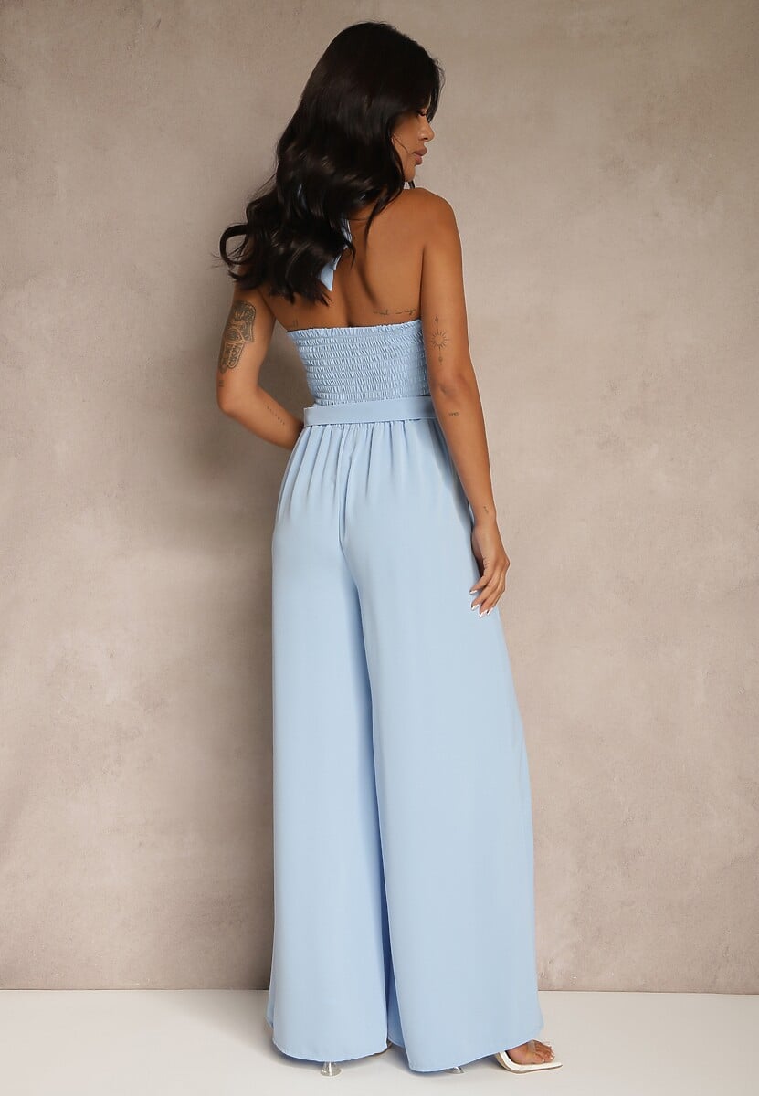 Niebieski Kombinezon Koktajlowy Ozdobiony Paskiem z Metaliczną Klamrą Zermira