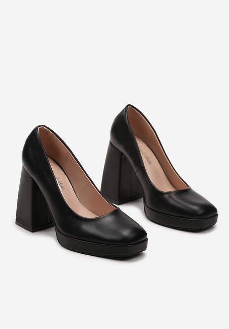 Czarne Stylowe Czółenka na Geometrycznym Słupku z Gładkiej Ekoskóry Salvael