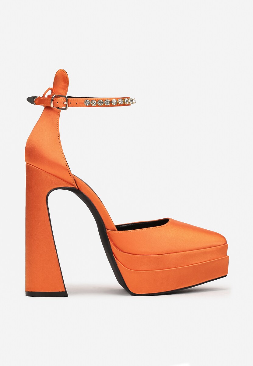 Pomarańczowe Satynowe Czółenka na Słupku i Platformie Darlo