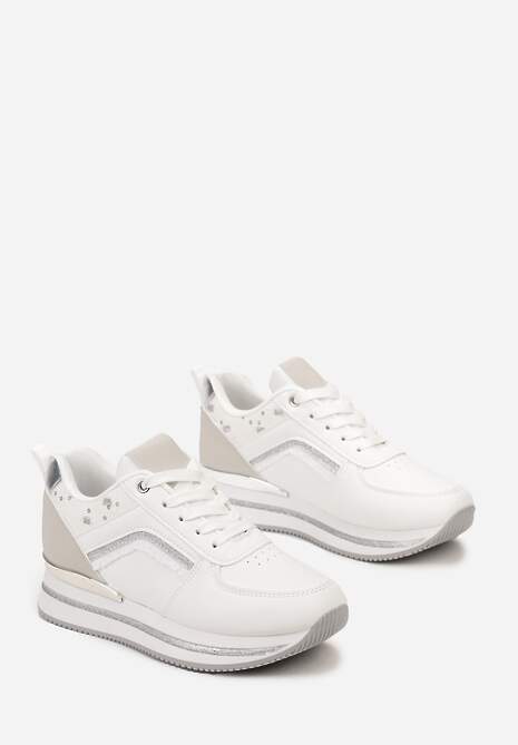 Białe Sznurowane Sneakersy na Grubej Podeszwie z Cekinami i Brokatem Zallie