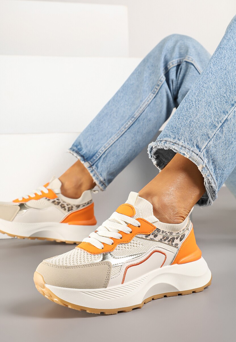 Beżowo-Pomarańczowe Sneakersy Streetwearowe na Piankowej Podeszwie Aillifia