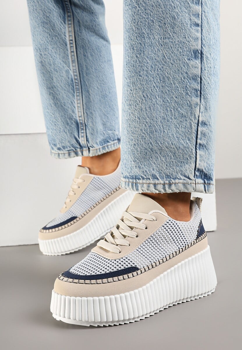 Niebiesko-Beżowe Sneakersy na Tłoczonej Platformie z Ozdobnymi Przeszyciami Faloviela