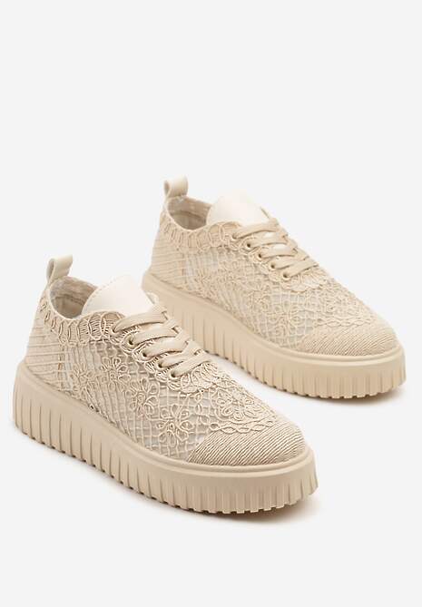 Beżowe Sneakersy Vices na Platformie z Ażurową Cholewką Lumerise