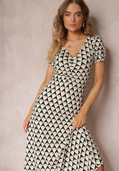 Beżowa Taliowana Sukienka z Ozdobnym Marszczeniem w Geometryczny Wzór Eranthis