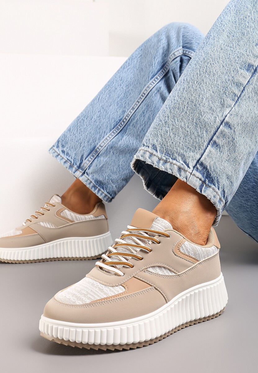 Ciemnobeżowe Sneakersy na Ozdobnej Grubej podeszwie z Brokatem Gelnia