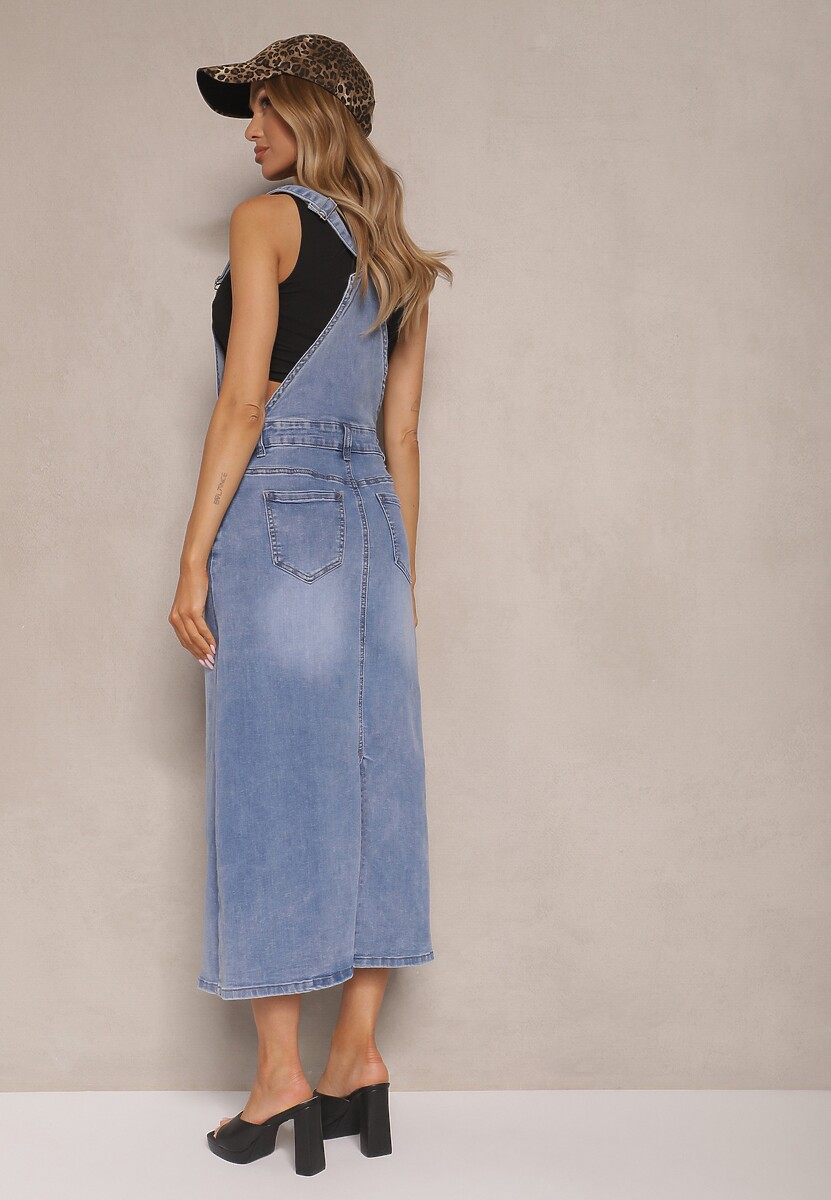 Niebieska Sukienka Typu Ogrodniczka z Bawełną i Regulacją przy Ramiączkach Nelhira