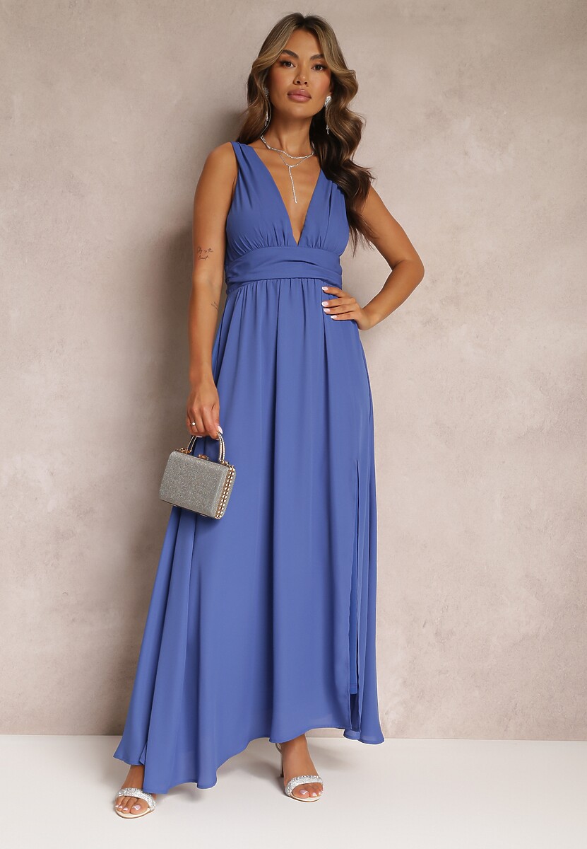 Niebieska Rozkloszowana Sukienka Maxi na Ramiączkach z Rozcięciem Ernames