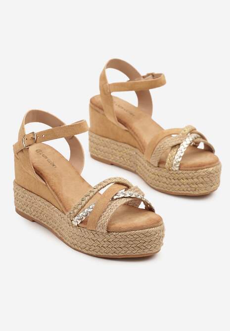 Brązowe Sandały Plecionej Platformie i Koturnie Aluie
