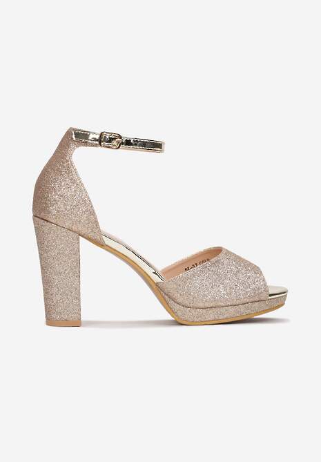 Złote Sandały na Słupkowym Obcasie z Brokatem Sconis