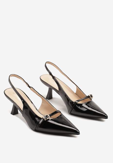 Czarne Lakierowane Sandały Slingback na Obcasie Kaczuszka Aovia